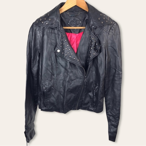 Jou Jou Jackets & Blazers - Jou Jou Faux Leather Studded Black Moto Asymmetric Zip Up Biker Jacket S